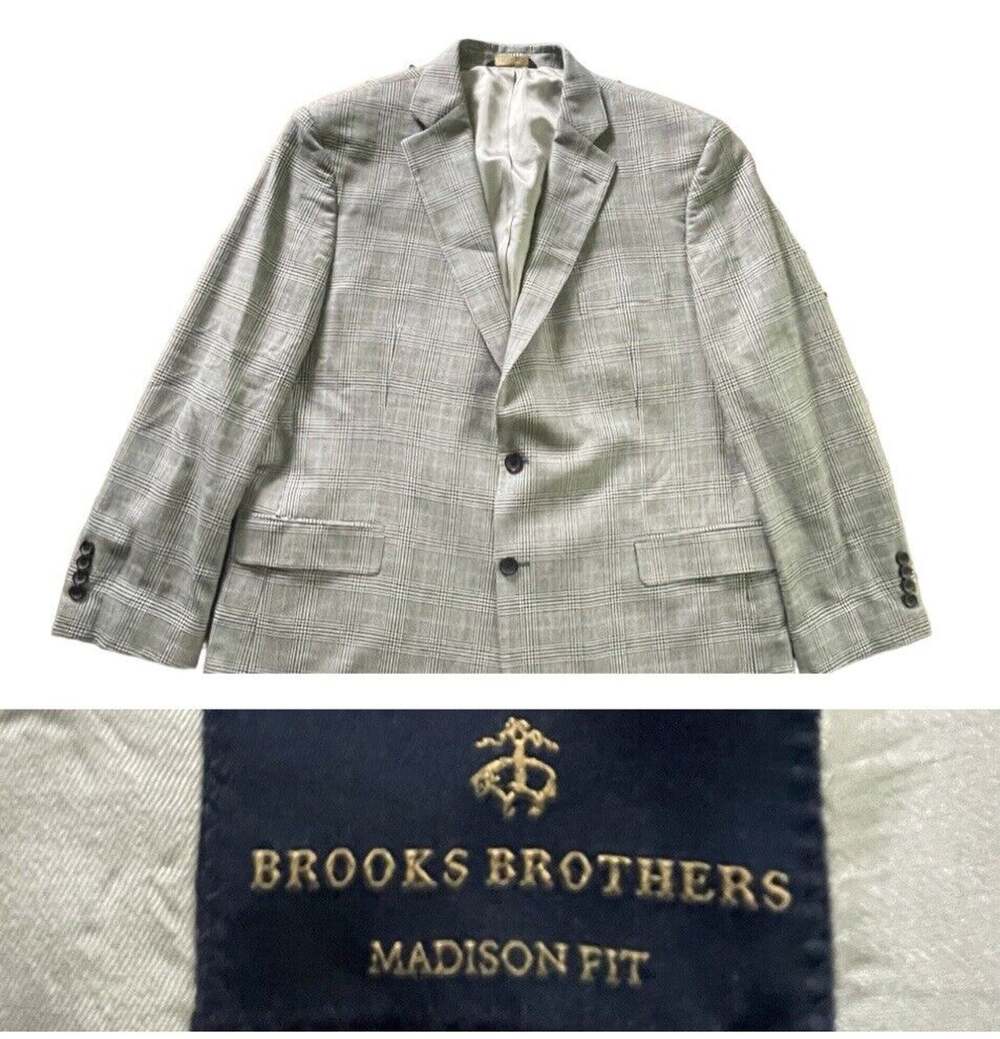 Brooks Brothers Madison Sport Coat Mens 48 R Gray & Blue POW Plaid Wool Modern